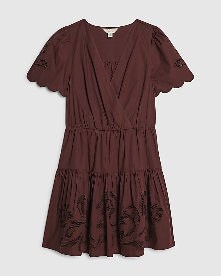 Brown Short Sleeve Poplin Broderie Mini Dress