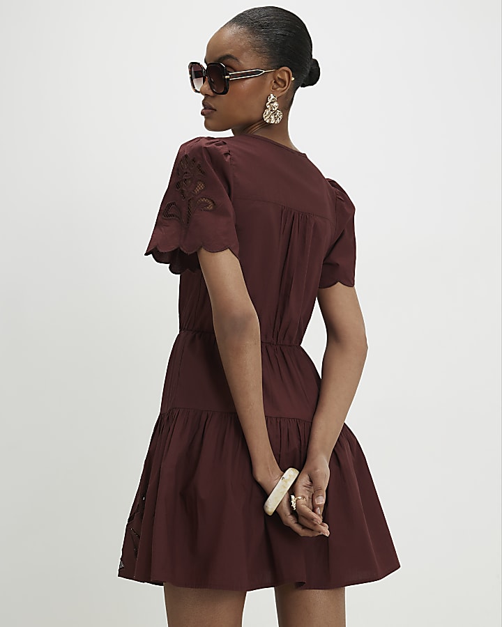 Brown Short Sleeve Poplin Broderie Mini Dress