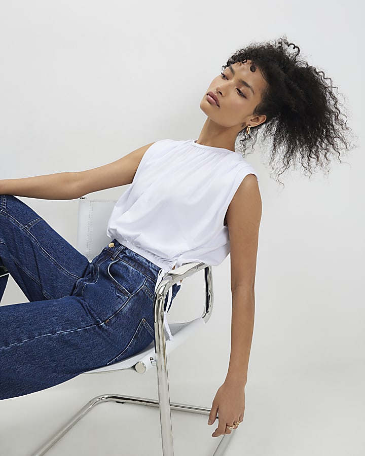 White Sleeveless Bubble Hem Top