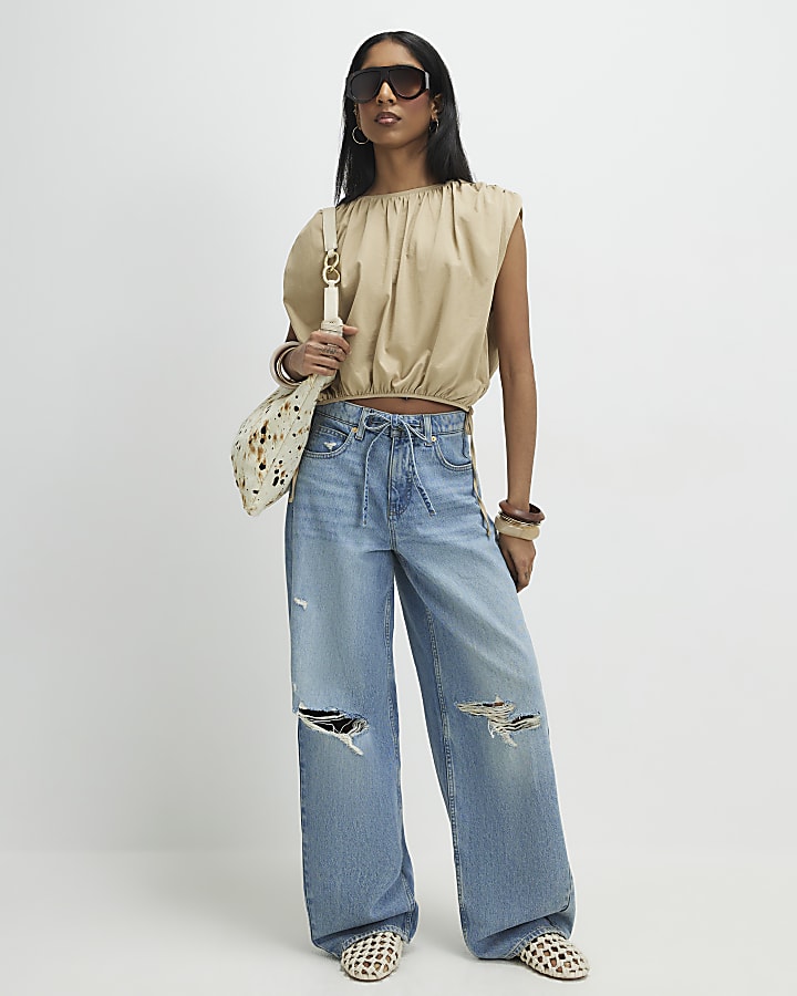 Beige Bubble Hem T-Shirt