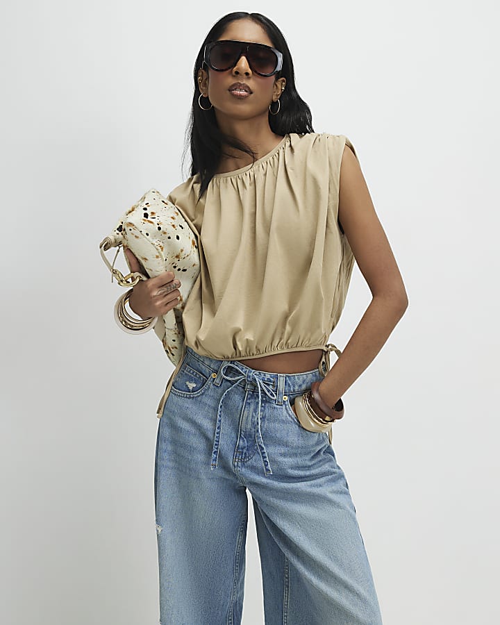 Beige Bubble Hem T-Shirt