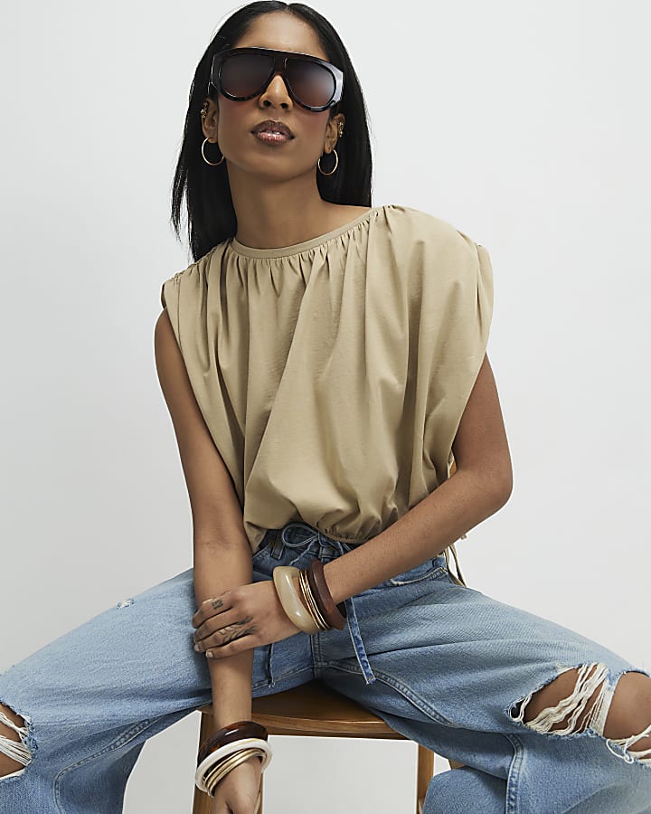 Beige Bubble Hem T-Shirt