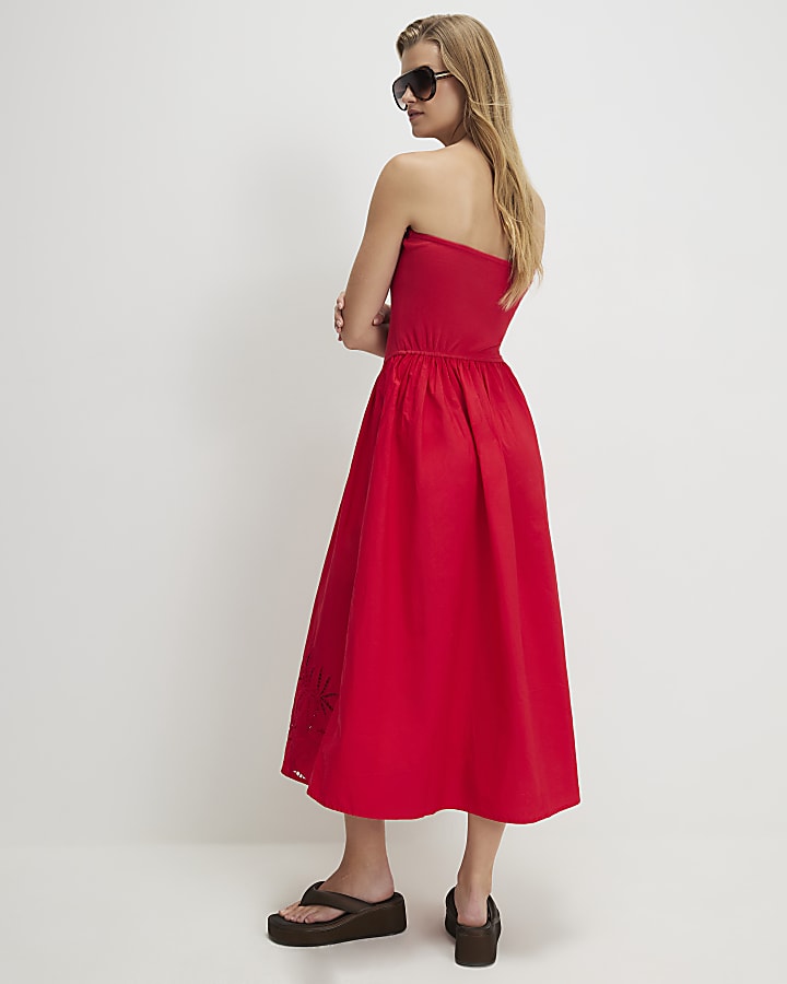 Red Cotton Blend Bandeau Cutwork Hybrid Dress