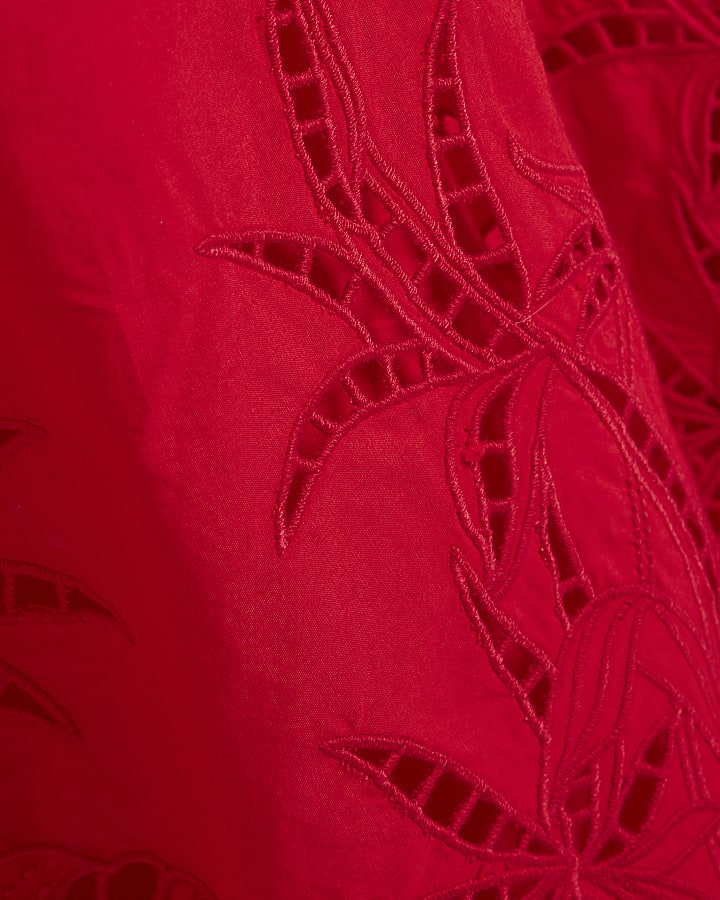Red Cotton Blend Bandeau Cutwork Hybrid Dress
