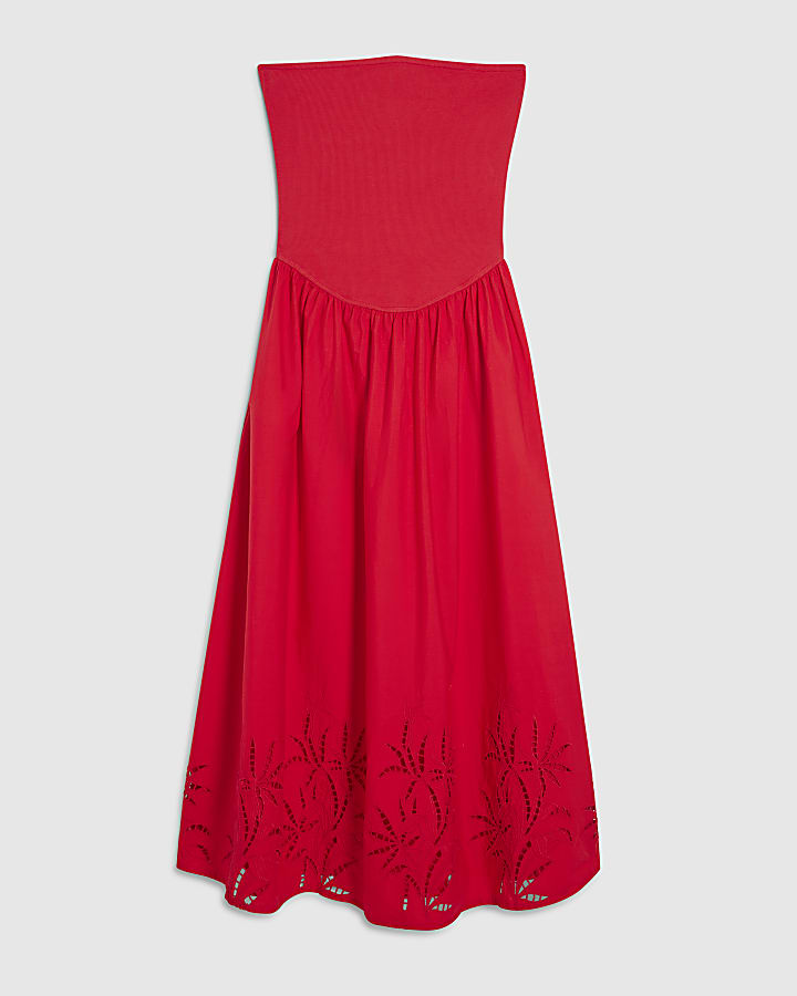Red Cotton Blend Bandeau Cutwork Hybrid Dress