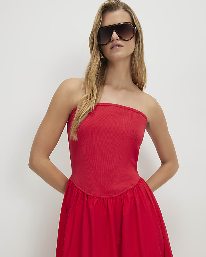 Red Cotton Blend Bandeau Cutwork Hybrid Dress