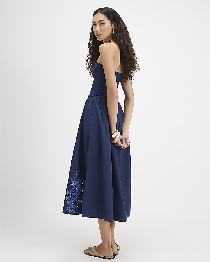 Navy Cotton Embroidered Bandeau Midi Dress
