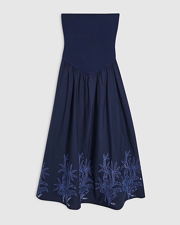 Navy Cotton Embroidered Bandeau Midi Dress