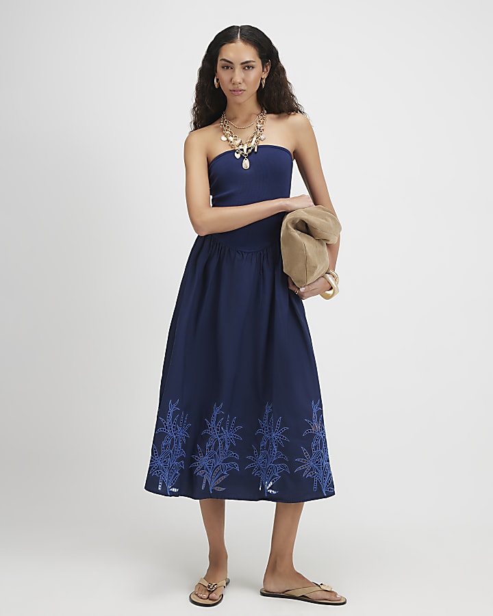 Navy Cotton Embroidered Bandeau Midi Dress
