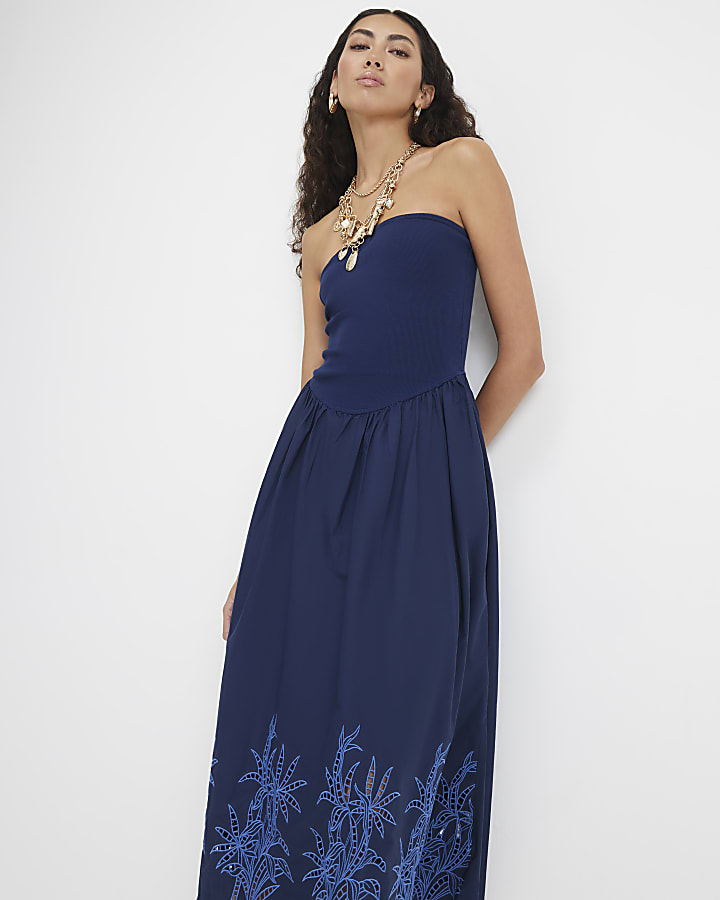Navy Cotton Embroidered Bandeau Midi Dress