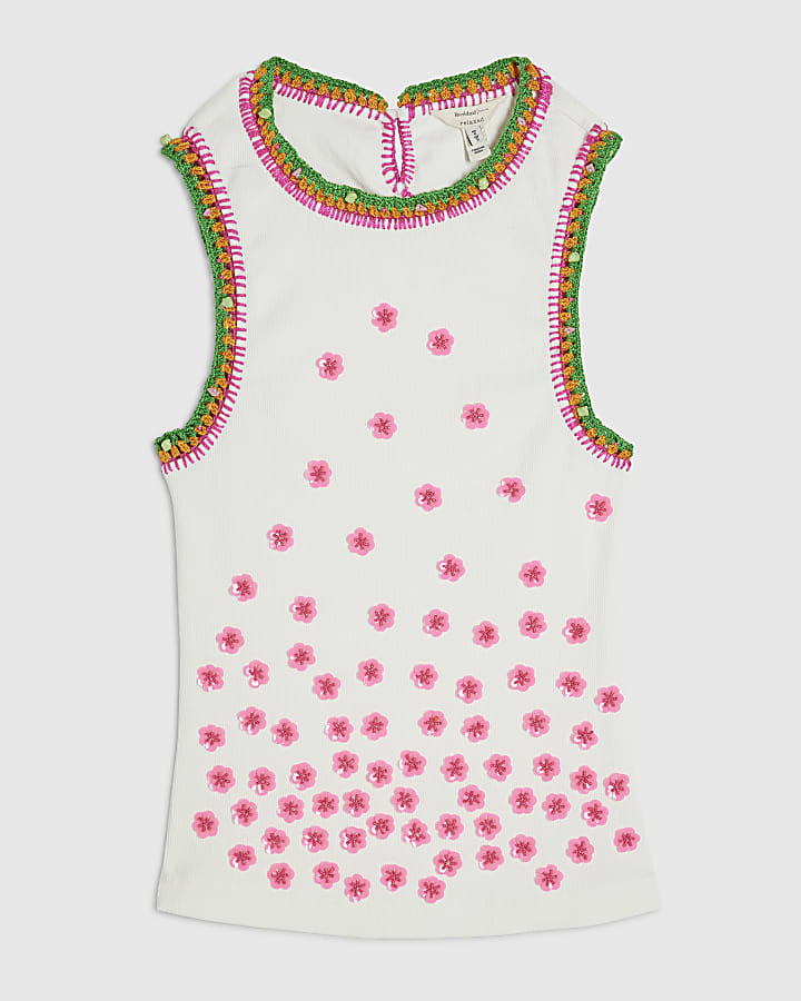 White Floral Embroidered Tank Top