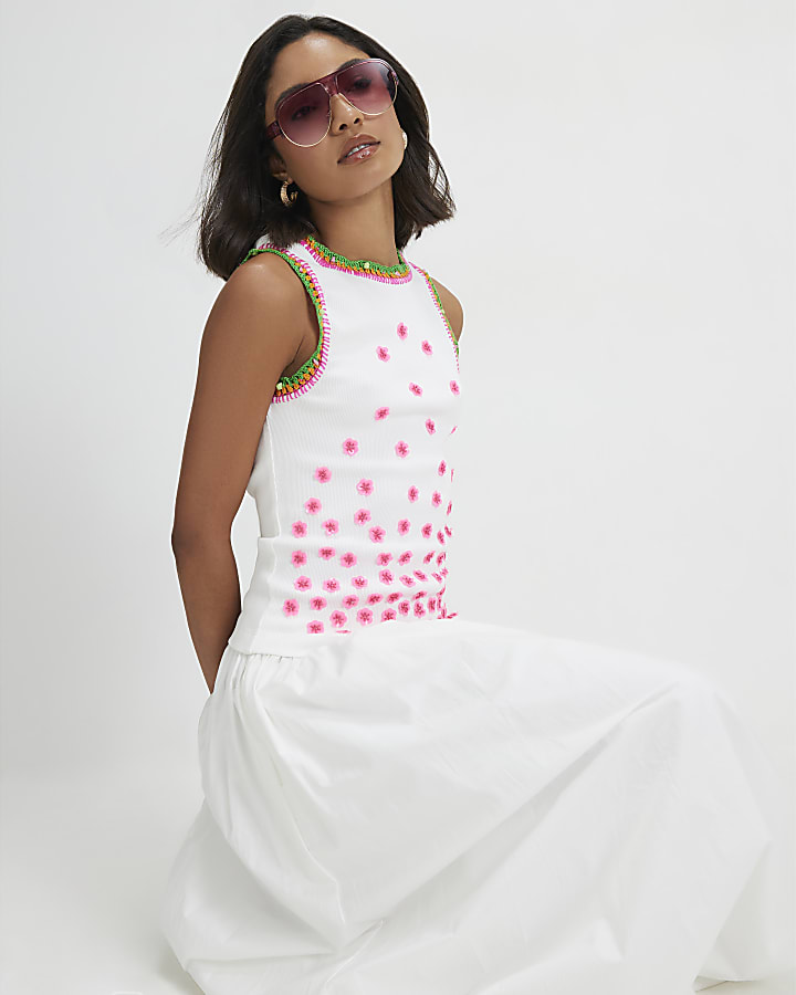 White Floral Embroidered Tank Top