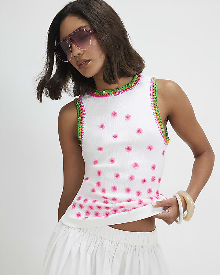 White Floral Embroidered Tank Top