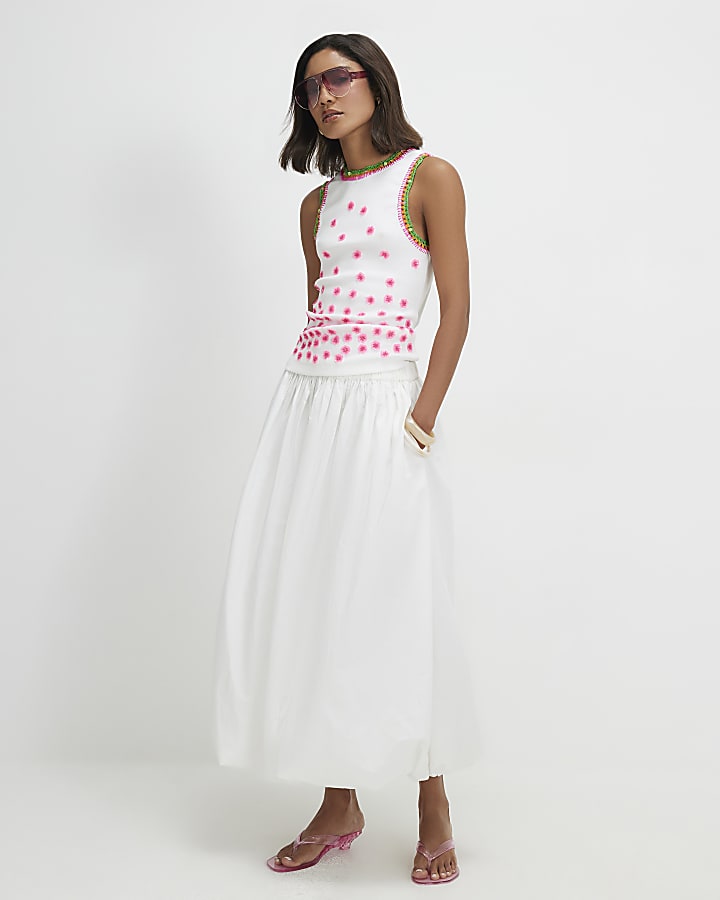 White Floral Embroidered Tank Top