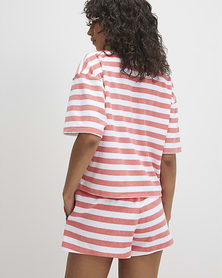 Pink Cotton blend Stripe Towelling Shorts