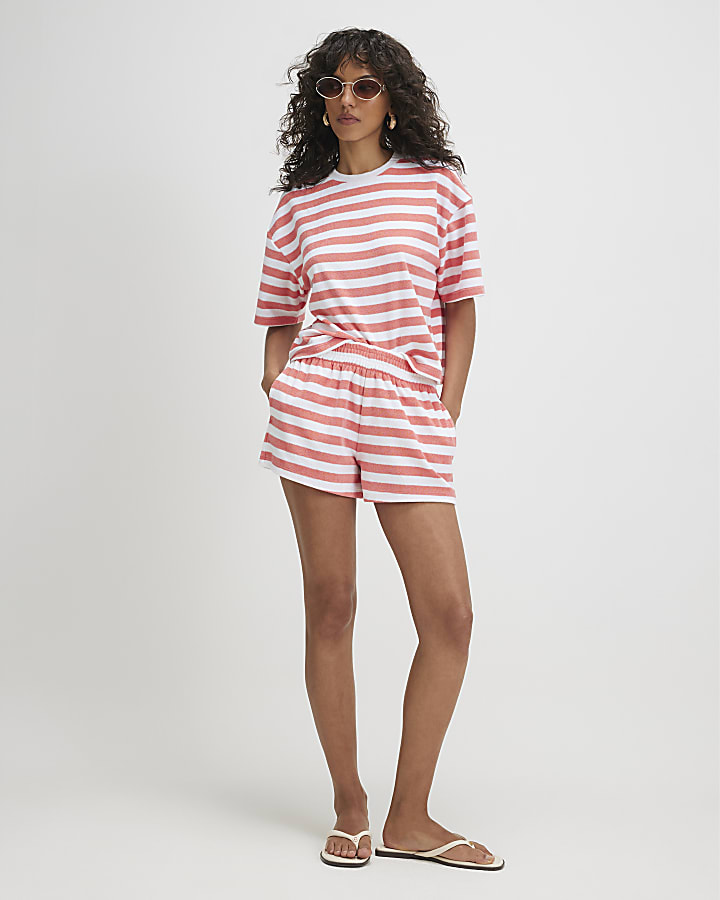 Pink Cotton blend Stripe Towelling Shorts