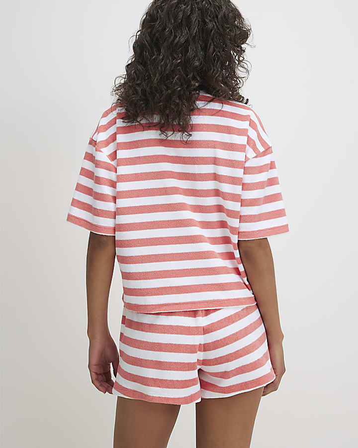 Pink Cotton Blend Stripe Towelling T-Shirt