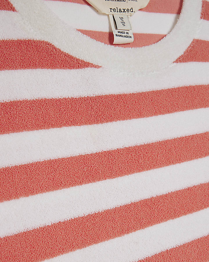 Pink Cotton Blend Stripe Towelling T-Shirt