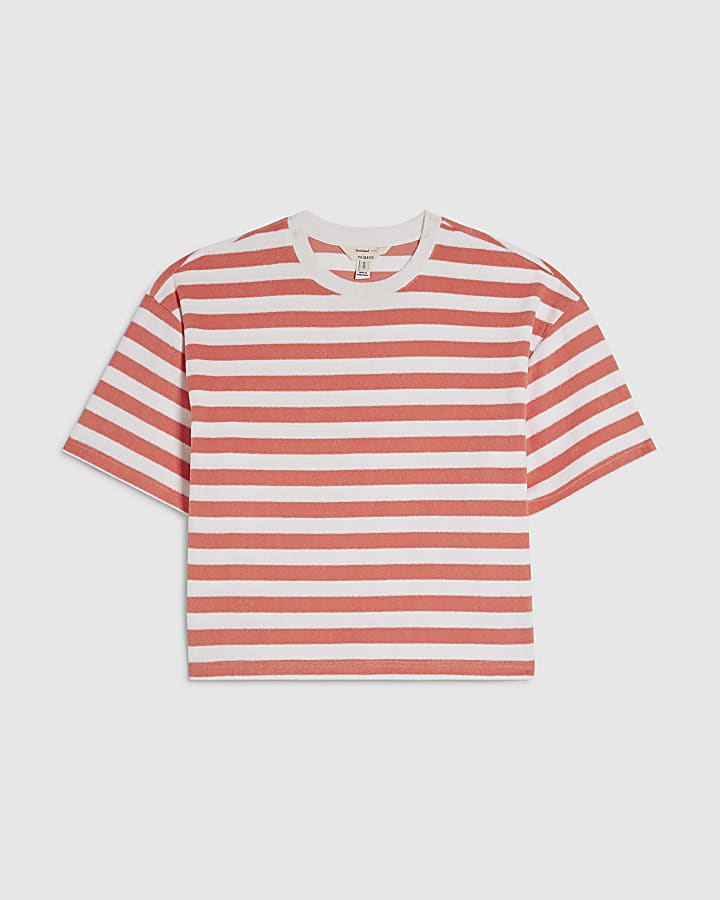 Pink Cotton Blend Stripe Towelling T-Shirt
