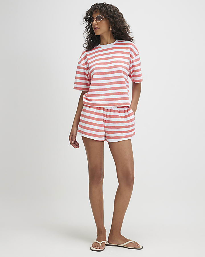 Pink Cotton Blend Stripe Towelling T-Shirt