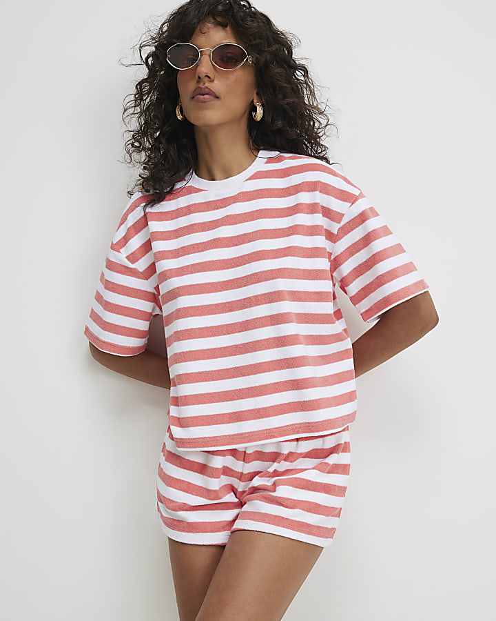 Pink Cotton Blend Stripe Towelling T-Shirt