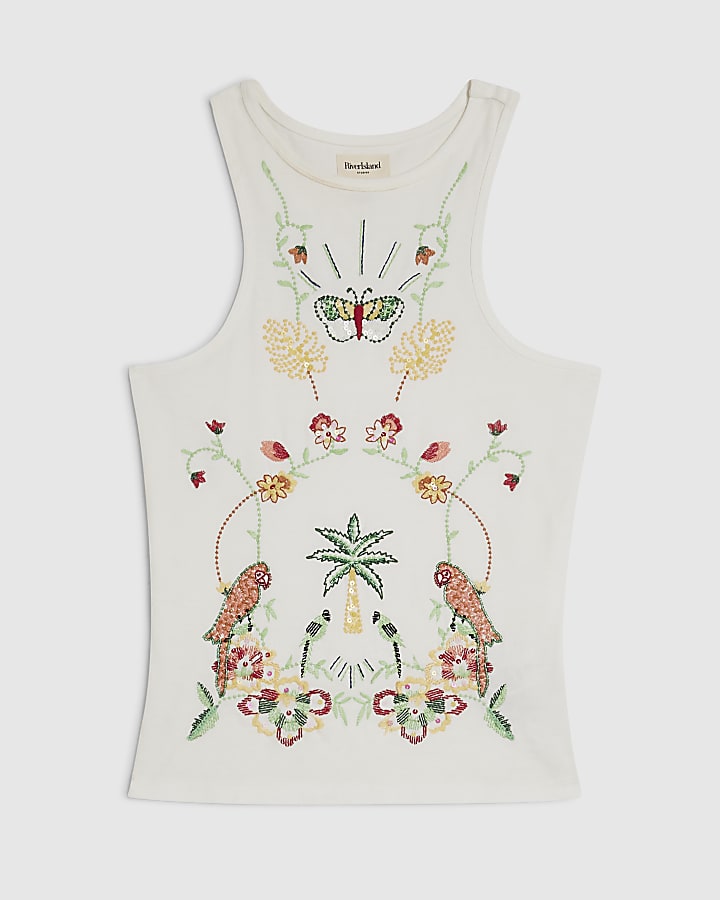 White Cotton Sleeveless Beaded Tank Top