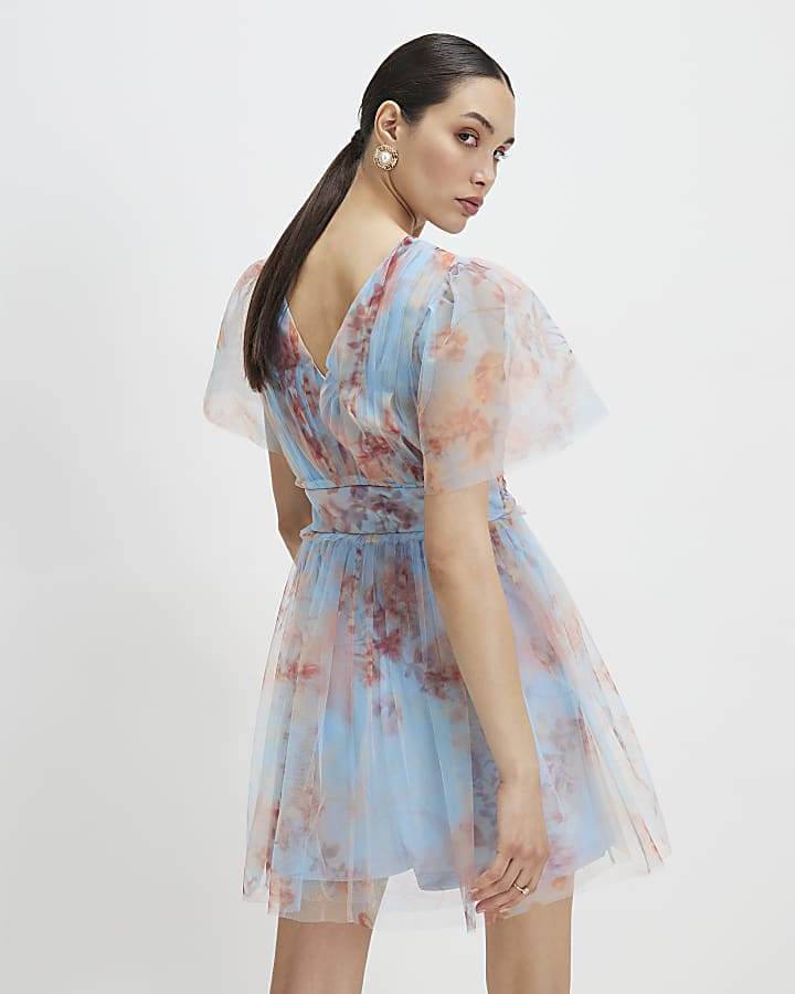 Blue Tulle Short Sleeve Mini Dress