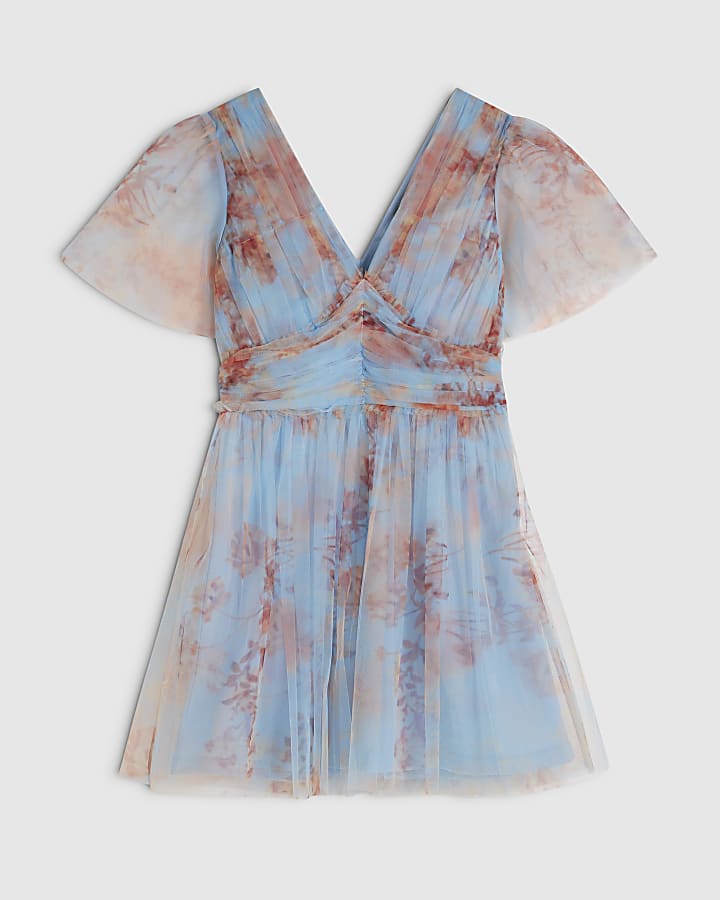 Blue Tulle Short Sleeve Mini Dress