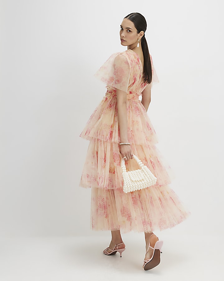 Beige Tulle Midi Dress