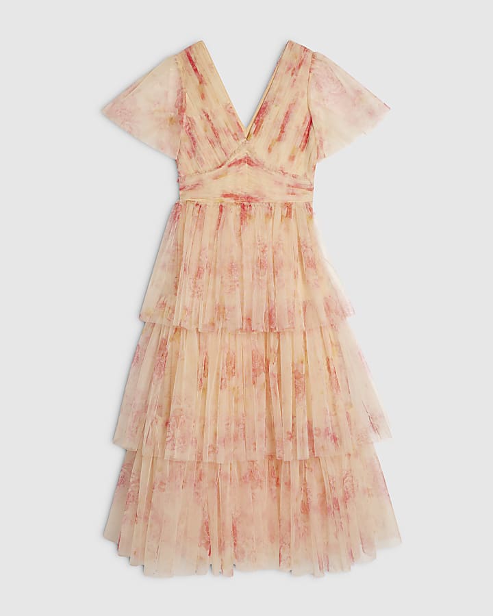 Beige Tulle Midi Dress