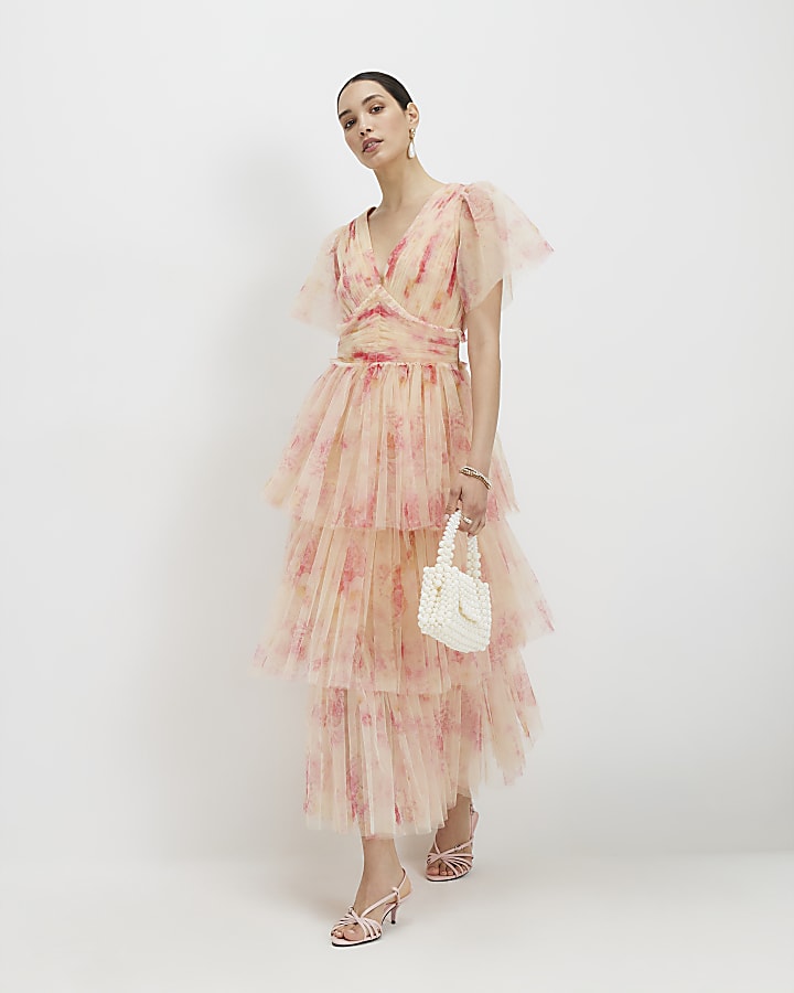 Beige Tulle Midi Dress