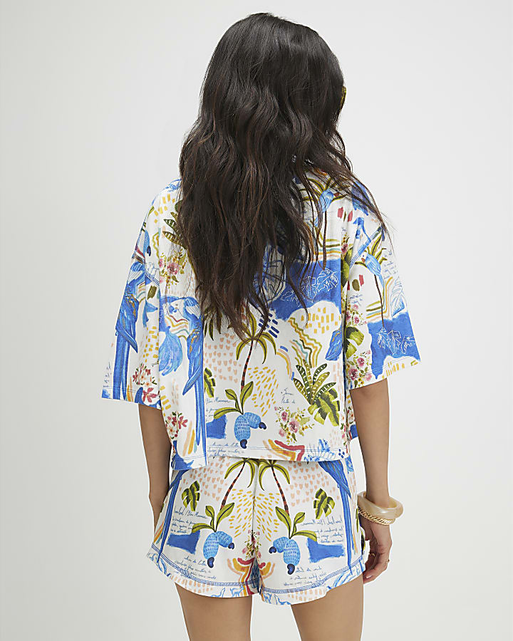 White Cotton Tropical Beaded T-Shirt