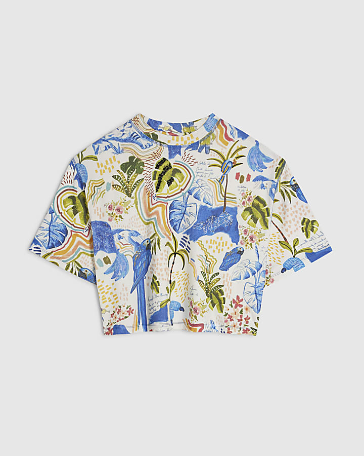 White Cotton Tropical Beaded T-Shirt