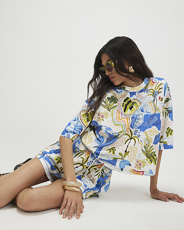 White Cotton Tropical Beaded T-Shirt