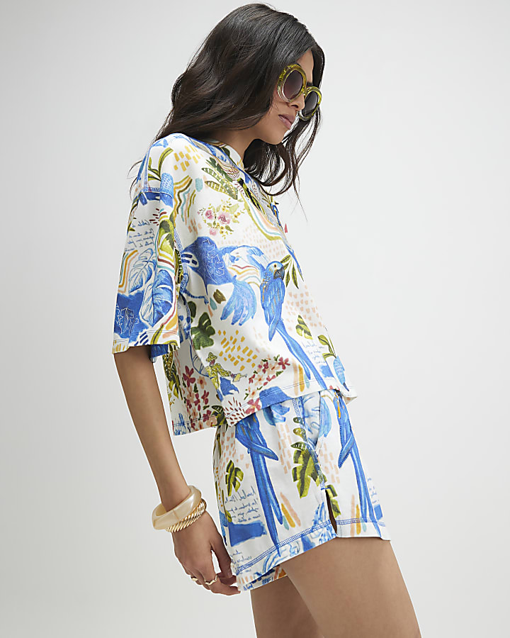 White Cotton Tropical Beaded T-Shirt