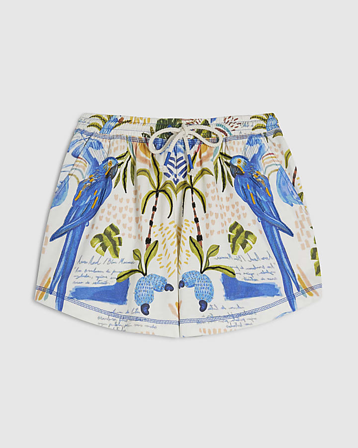 Blue Cotton Tropical Beaded Shorts