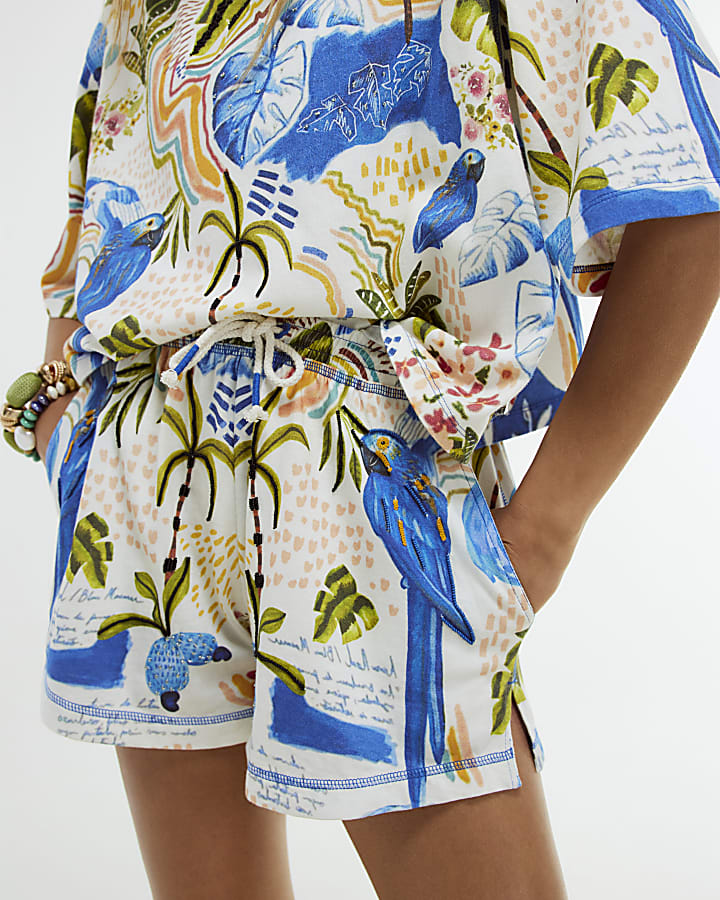 Blue Cotton Tropical Beaded Shorts