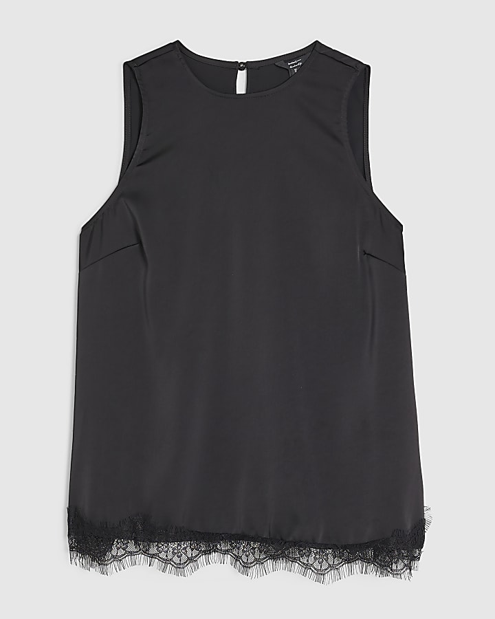 Black Satin Lace Trim Sleeveless Top