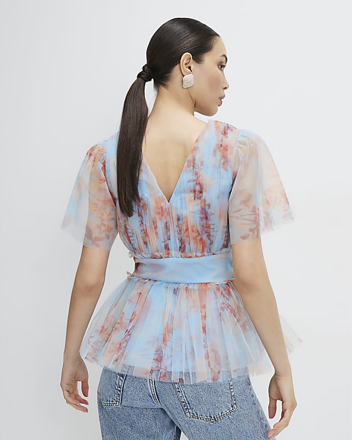 Blue Short Sleeve Tulle Top
