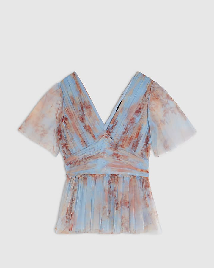 Blue Short Sleeve Tulle Top