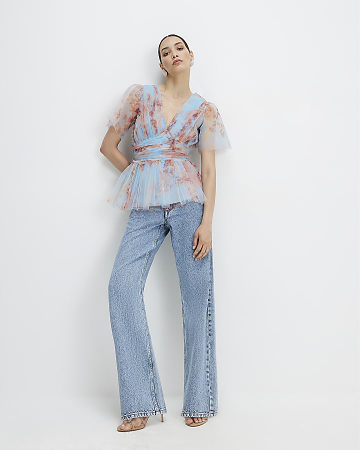 Blue Short Sleeve Tulle Top