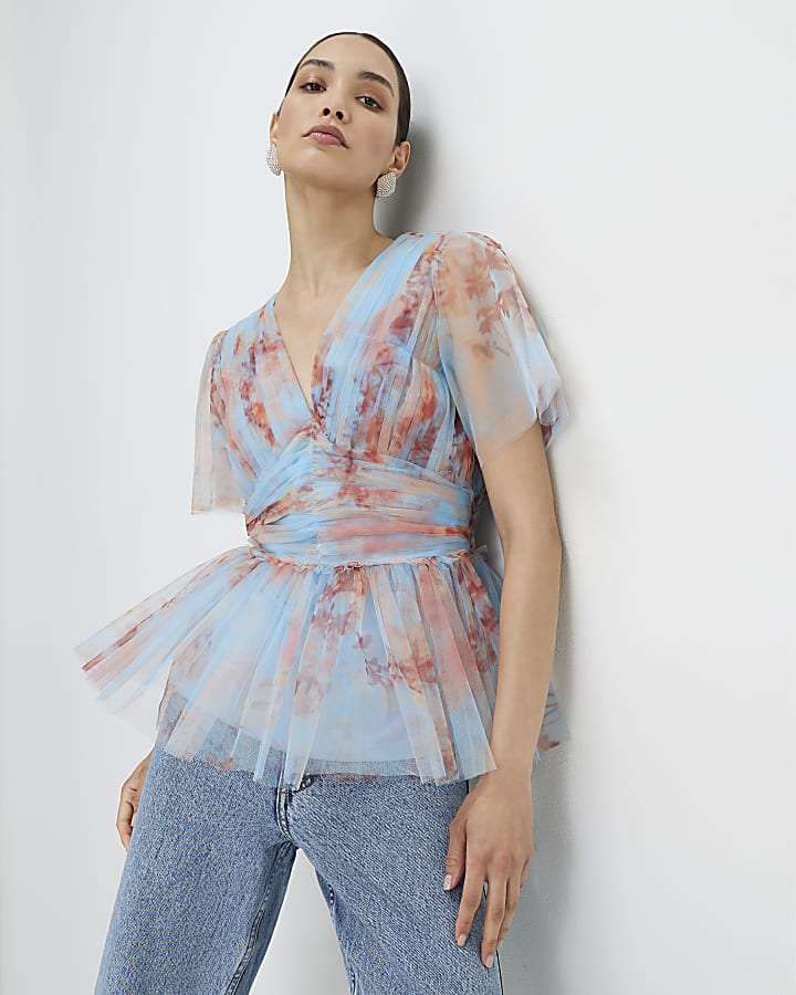 Blue Short Sleeve Tulle Top