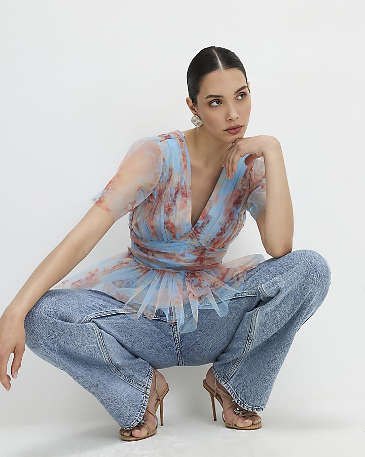 Blue Short Sleeve Tulle Top