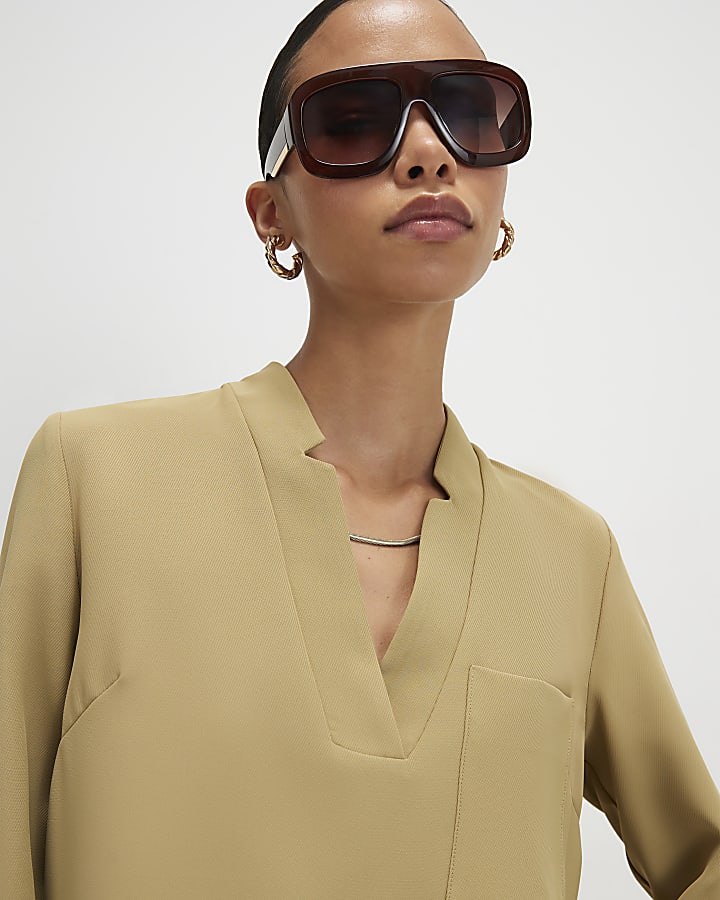 Green Long Sleeve Pocket Detail Tunic Top