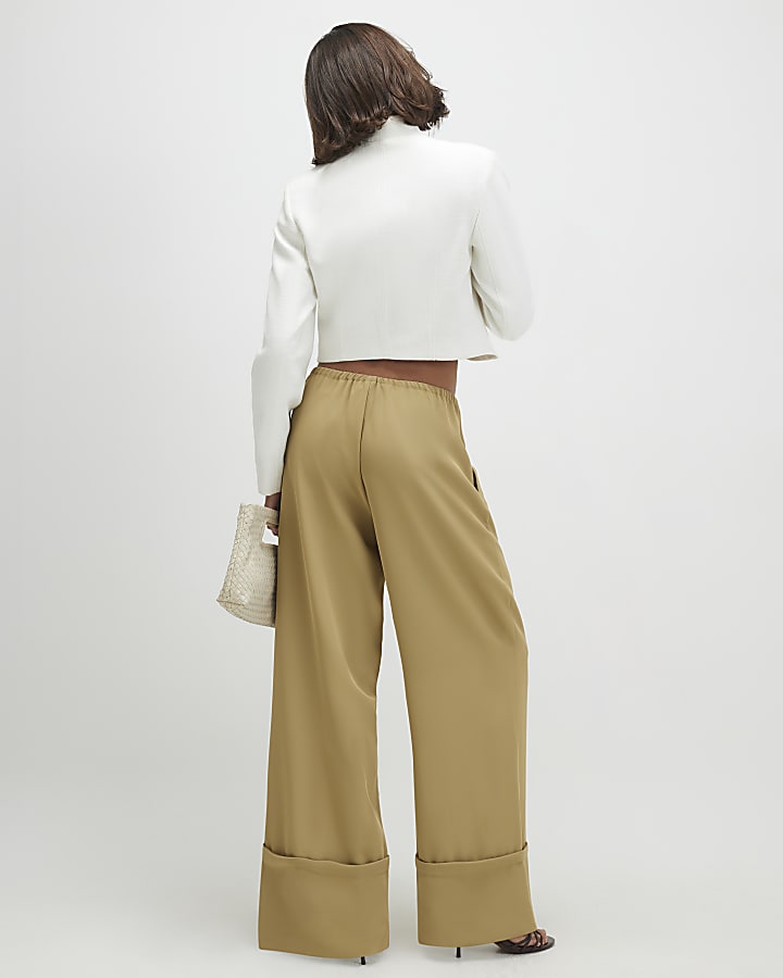 Green Turned Up Cuff Wide Leg Trousers