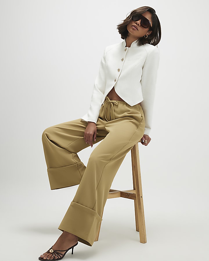 Green Turned Up Cuff Wide Leg Trousers