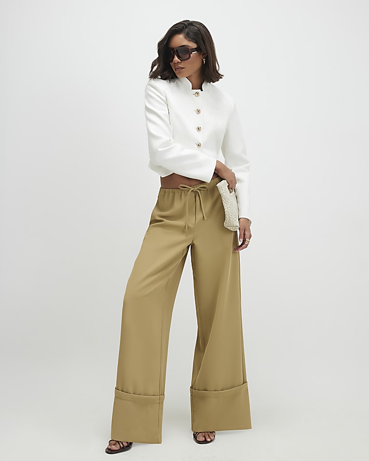 Green Turned Up Cuff Wide Leg Trousers