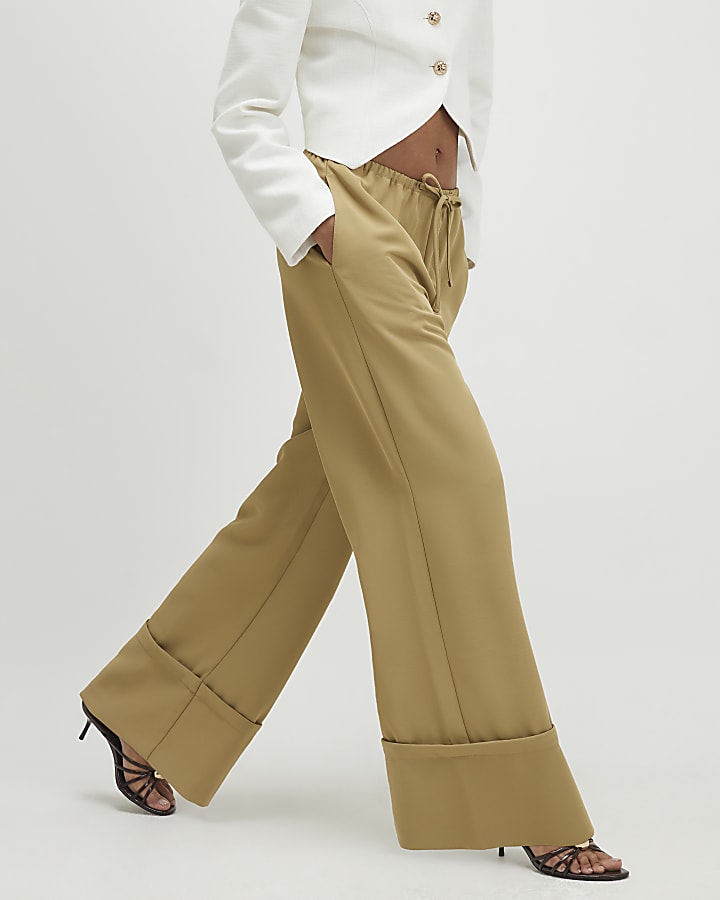 Green Turned Up Cuff Wide Leg Trousers