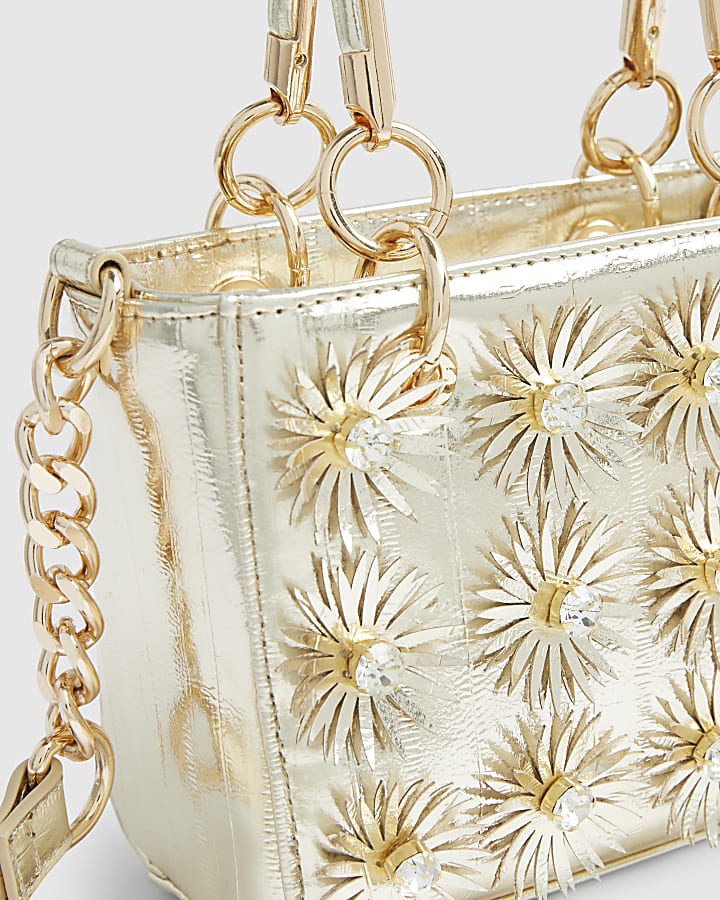 Gold 3D Floral Applique Tote Bag