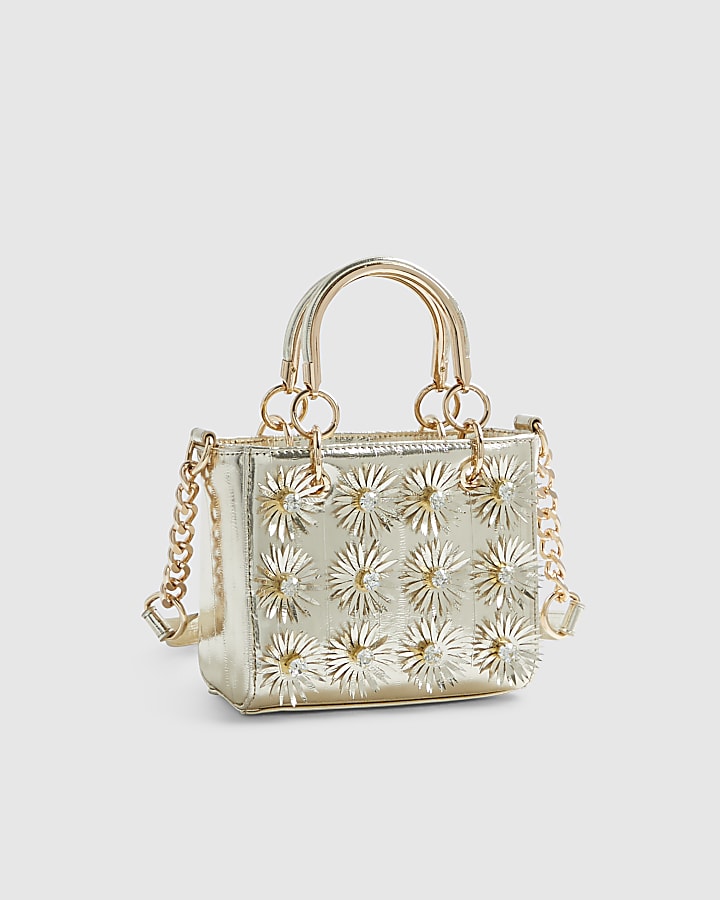 Gold 3D Floral Applique Tote Bag